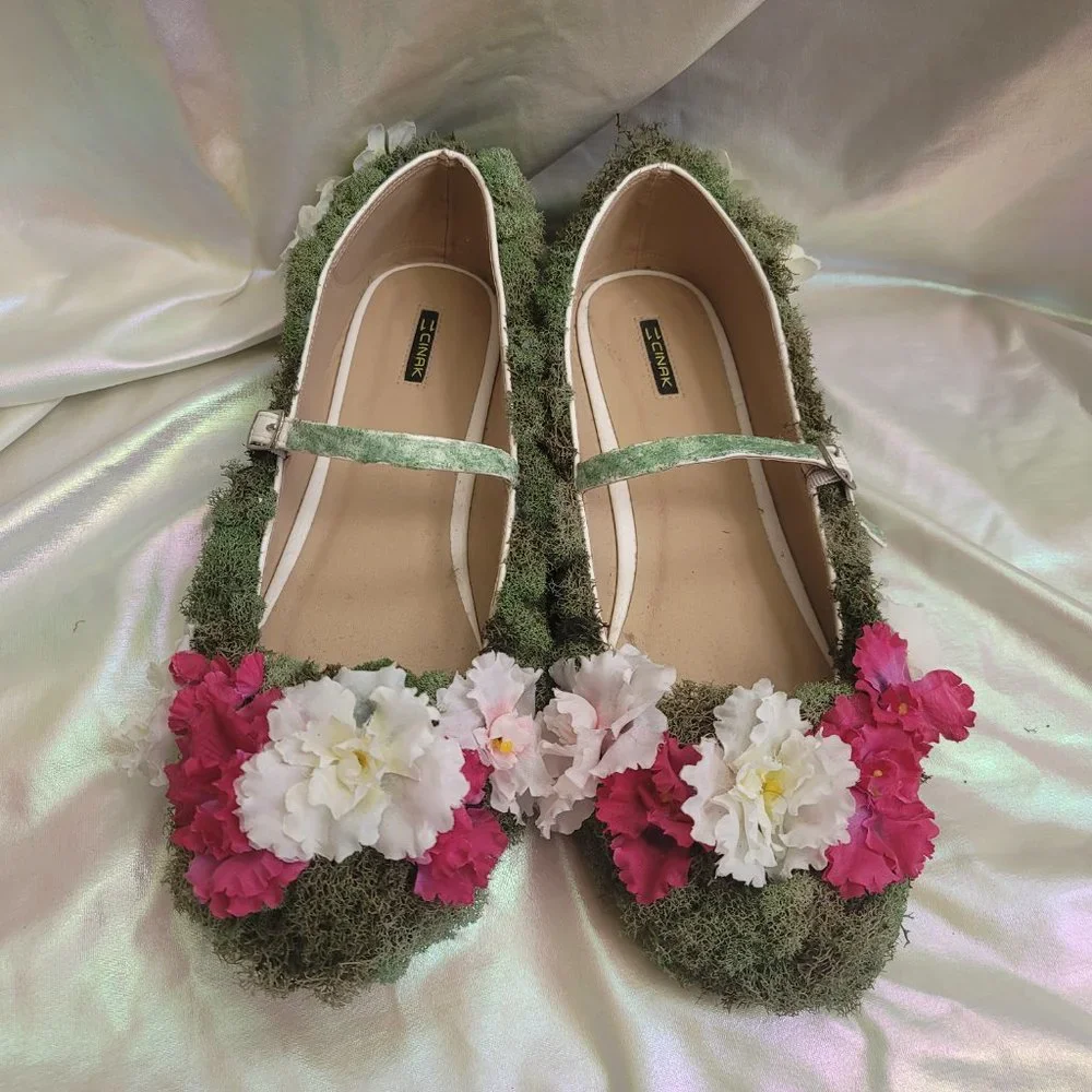 Custom One of a Kind Size 11 Topiary Moss and Flower Flat Mary Jane Shoes OOAK - Picture 11 of 11